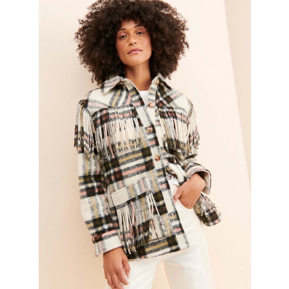 Anthropologie Western Women Shirt Jacket L Plaid Fringe Shacket Country BlankNYC